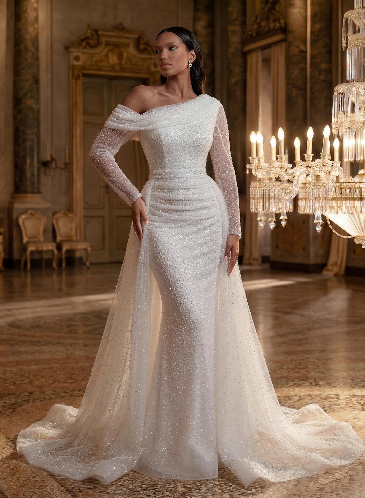 Asymmetrical Neck Sequined Long Sleeves Wedding Dresses in Ivory, US2