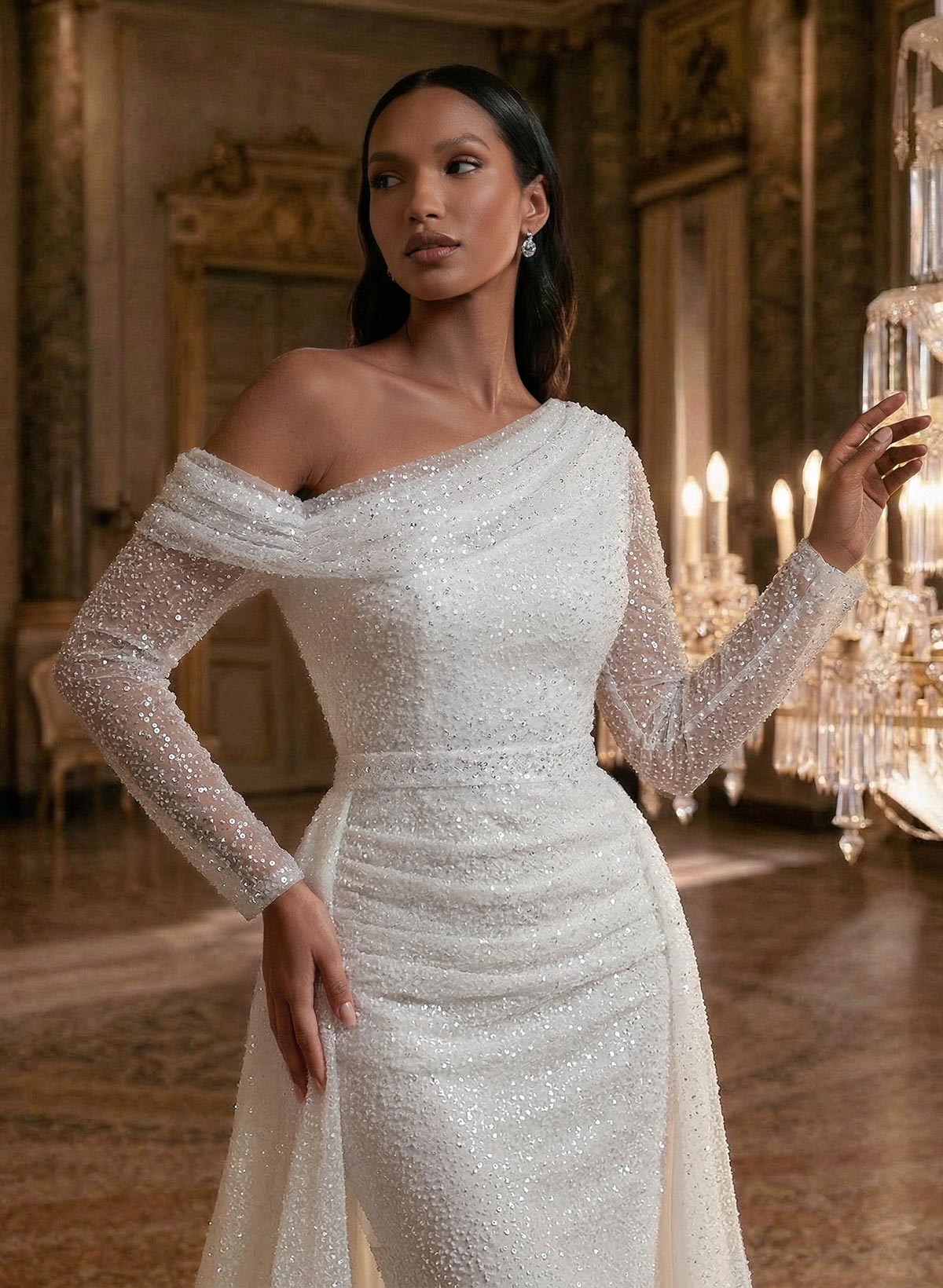 Asymmetrical Neck Sequined Long Sleeves Wedding Dresses, image 3