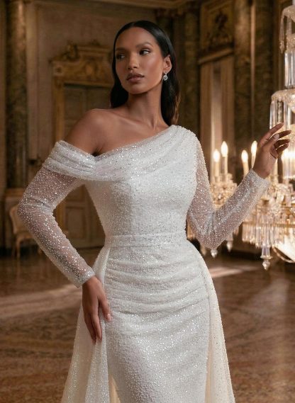 Asymmetrical Neck Sequined Long Sleeves Wedding Dresses