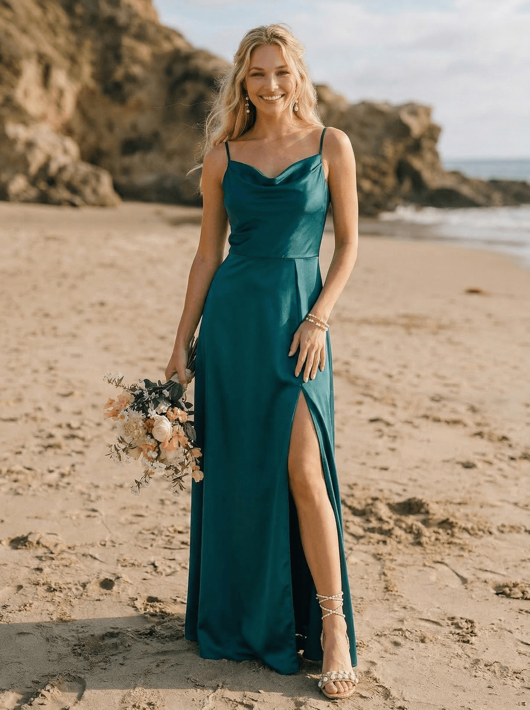 Cowl Neck Silk Like Satin Bridesmaid Dresses With A-Line