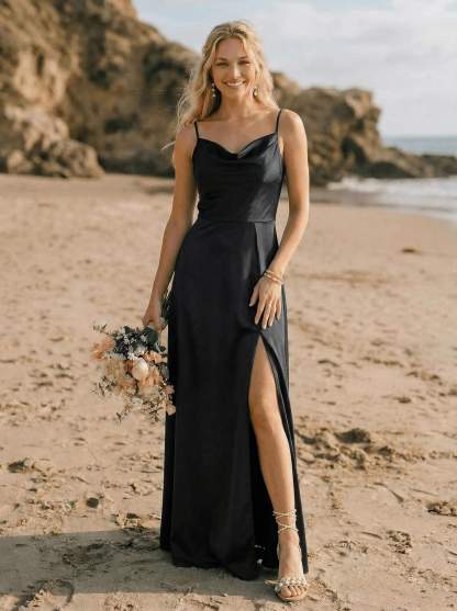 Cowl Neck Silk Like Satin Bridesmaid Dresses With A-Line