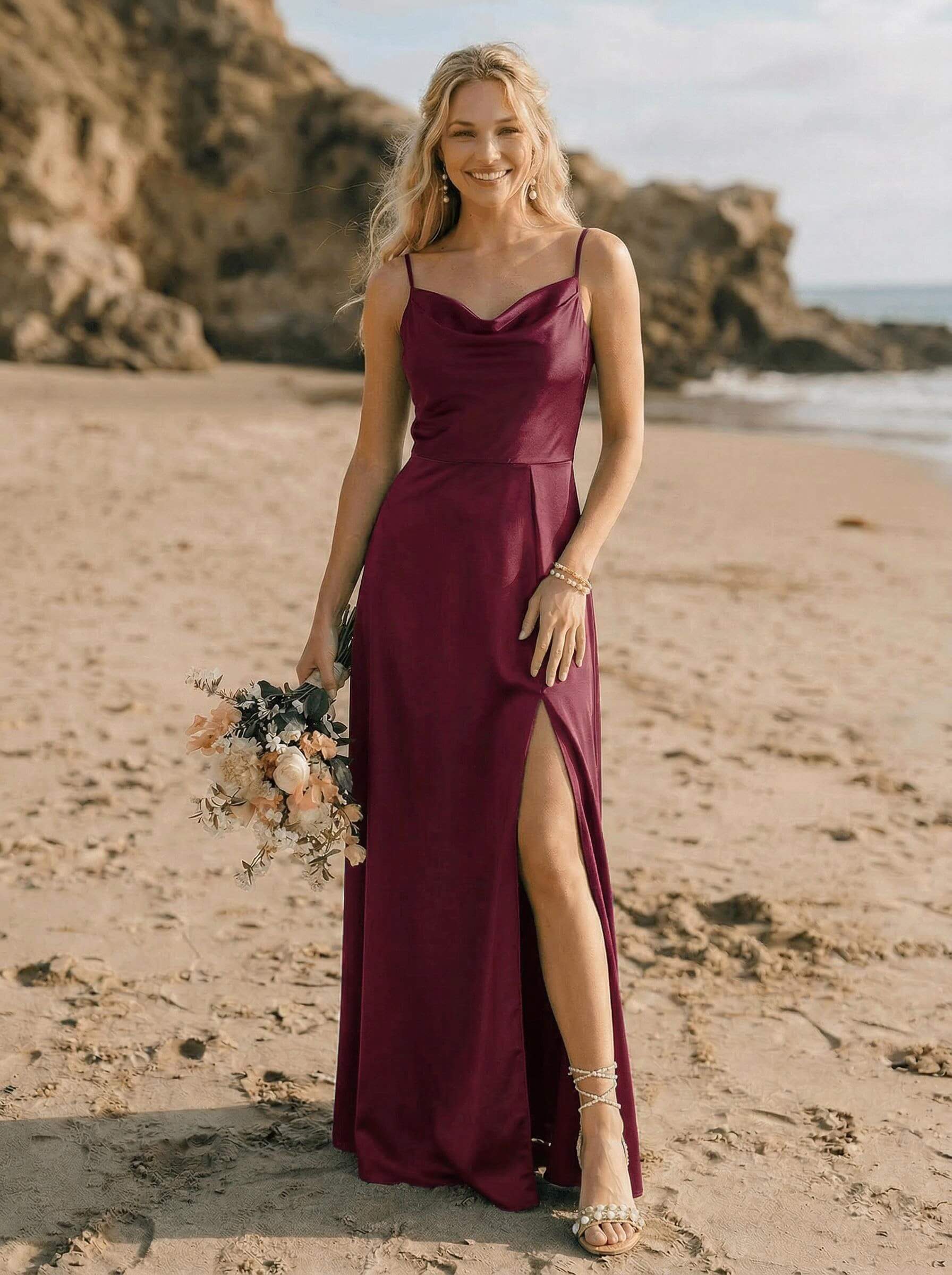Cowl Neck Silk Like Satin Bridesmaid Dresses With A-Line