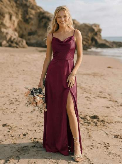 Cowl Neck Silk Like Satin Bridesmaid Dresses With A-Line