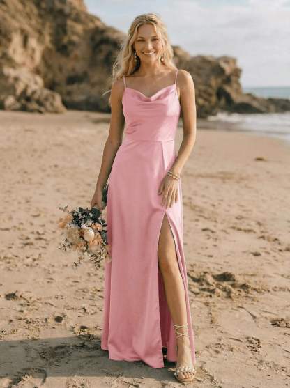 Cowl Neck Silk Like Satin Bridesmaid Dresses With A-Line
