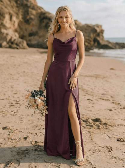 Cowl Neck Silk Like Satin Bridesmaid Dresses With A-Line