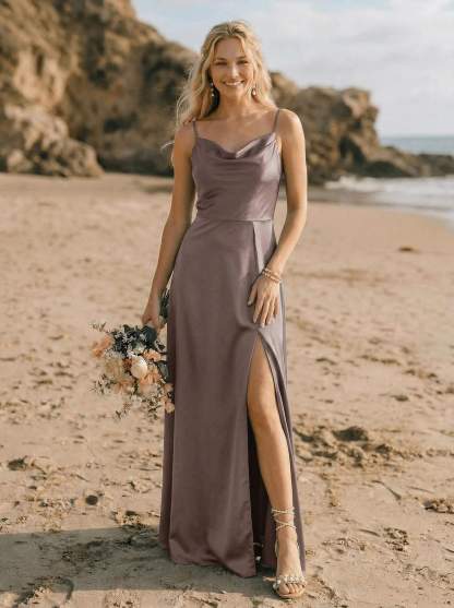 Cowl Neck Silk Like Satin Bridesmaid Dresses With A-Line