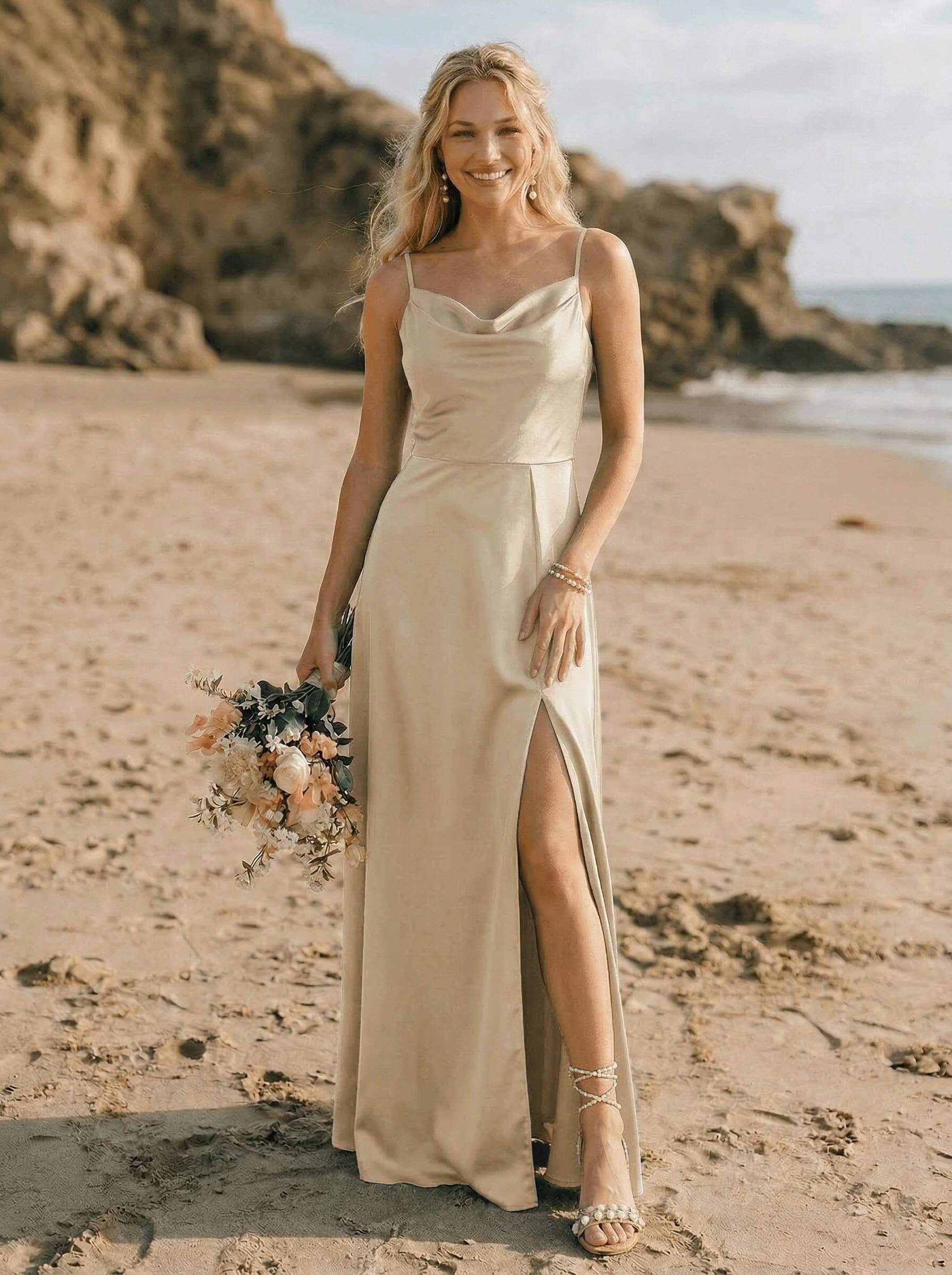 Cowl Neck Silk Like Satin Bridesmaid Dresses With A-Line