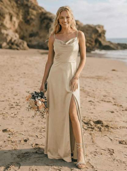 Cowl Neck Silk Like Satin Bridesmaid Dresses With A-Line