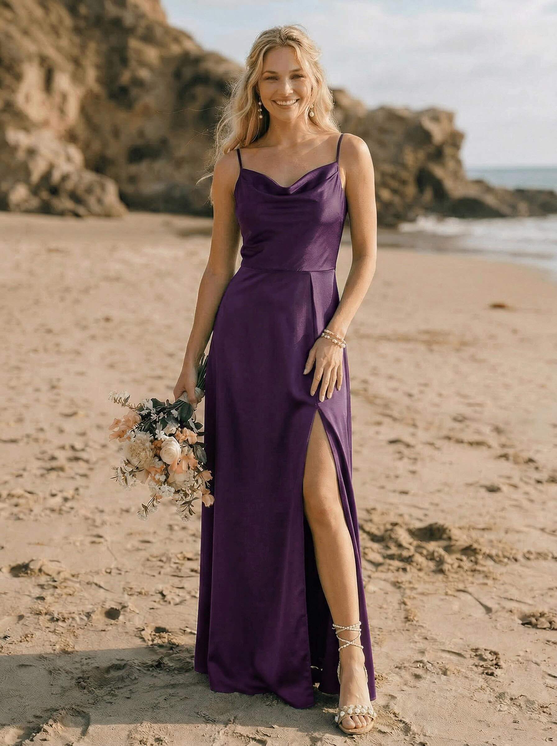 Cowl Neck Silk Like Satin Bridesmaid Dresses With A-Line