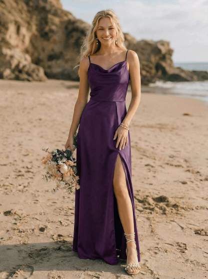 Cowl Neck Silk Like Satin Bridesmaid Dresses With A-Line