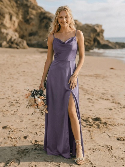 Cowl Neck Silk Like Satin Bridesmaid Dresses With A-Line