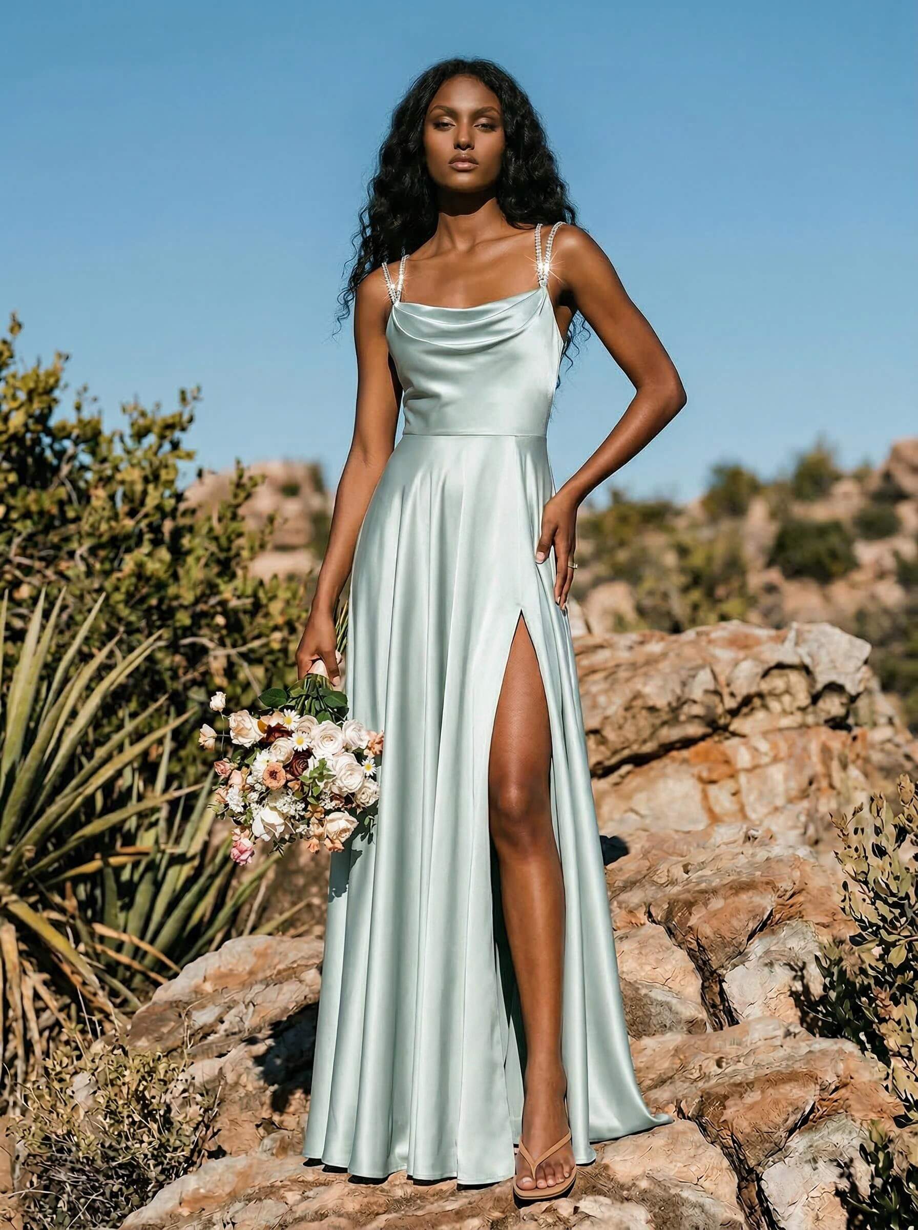 A-Line Cowl Neck Sleeveless Silk Like Satin Bridesmaid Dresses With High Split, image 1