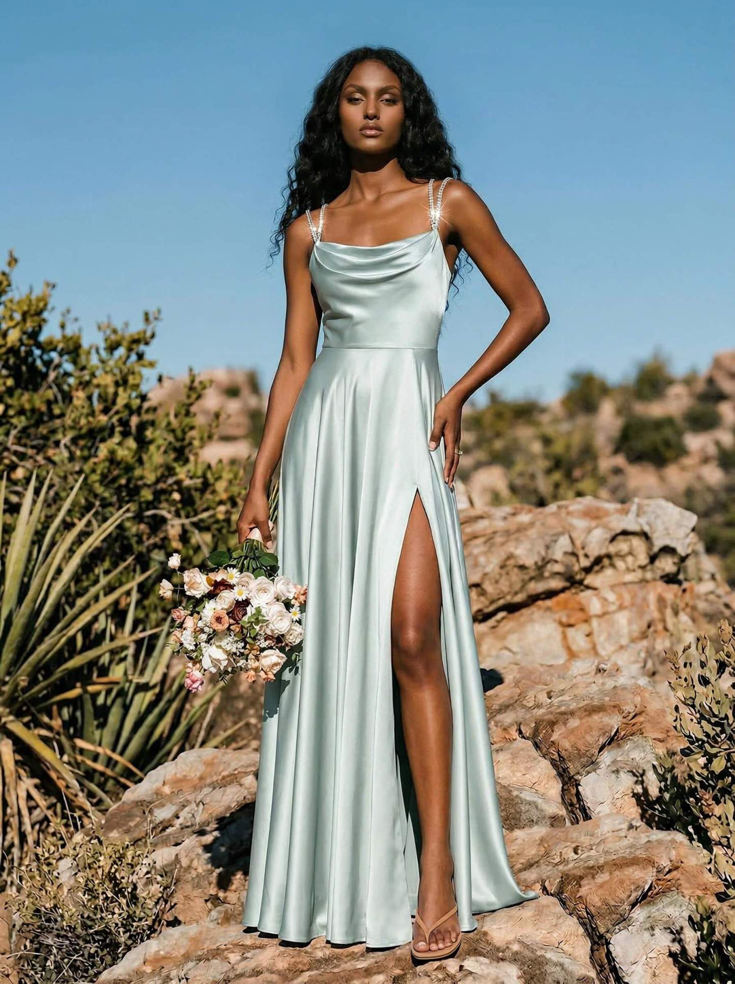 A-Line Cowl Neck Sleeveless Silk Like Satin Bridesmaid Dresses With High Split in Sage Green, US2
