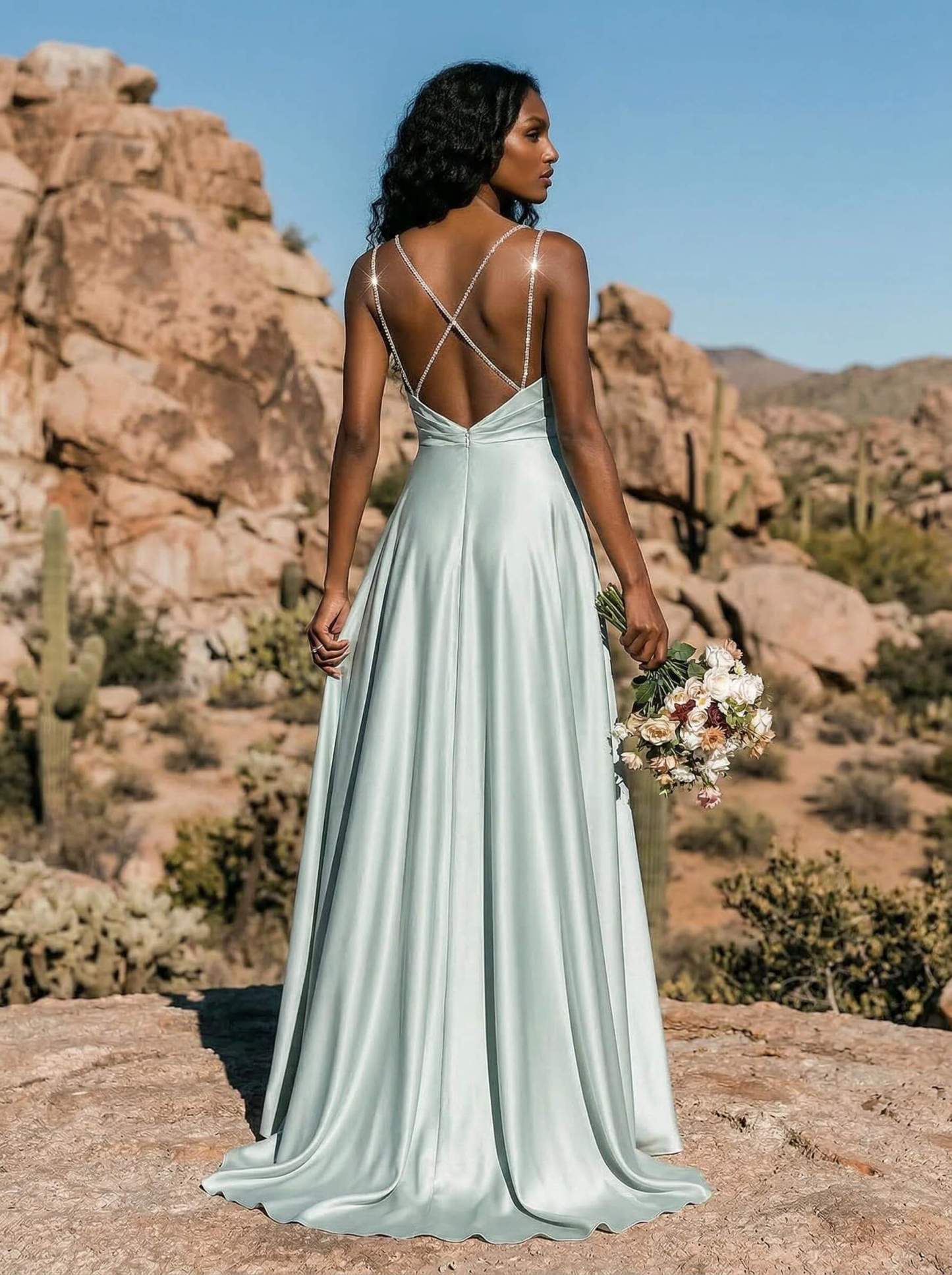 A-Line Cowl Neck Sleeveless Silk Like Satin Bridesmaid Dresses With High Split, image 2