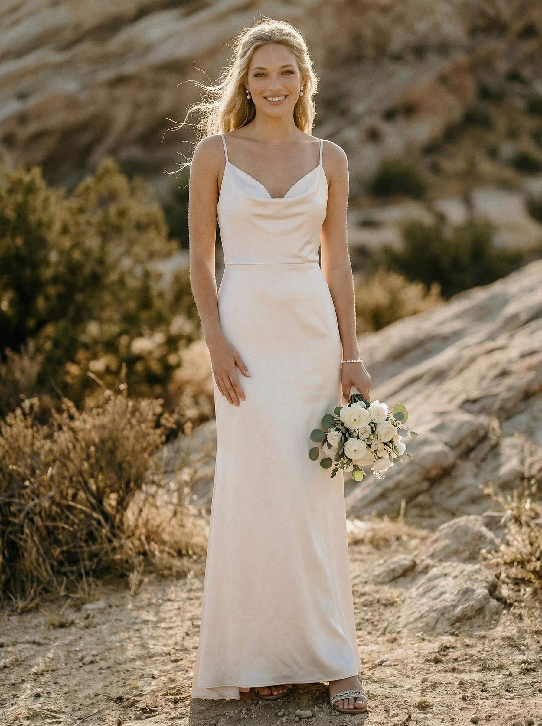 Cowl Neck Sleeveless Sweep Train Silk Like Satin Bridesmaid Dresses, image 2