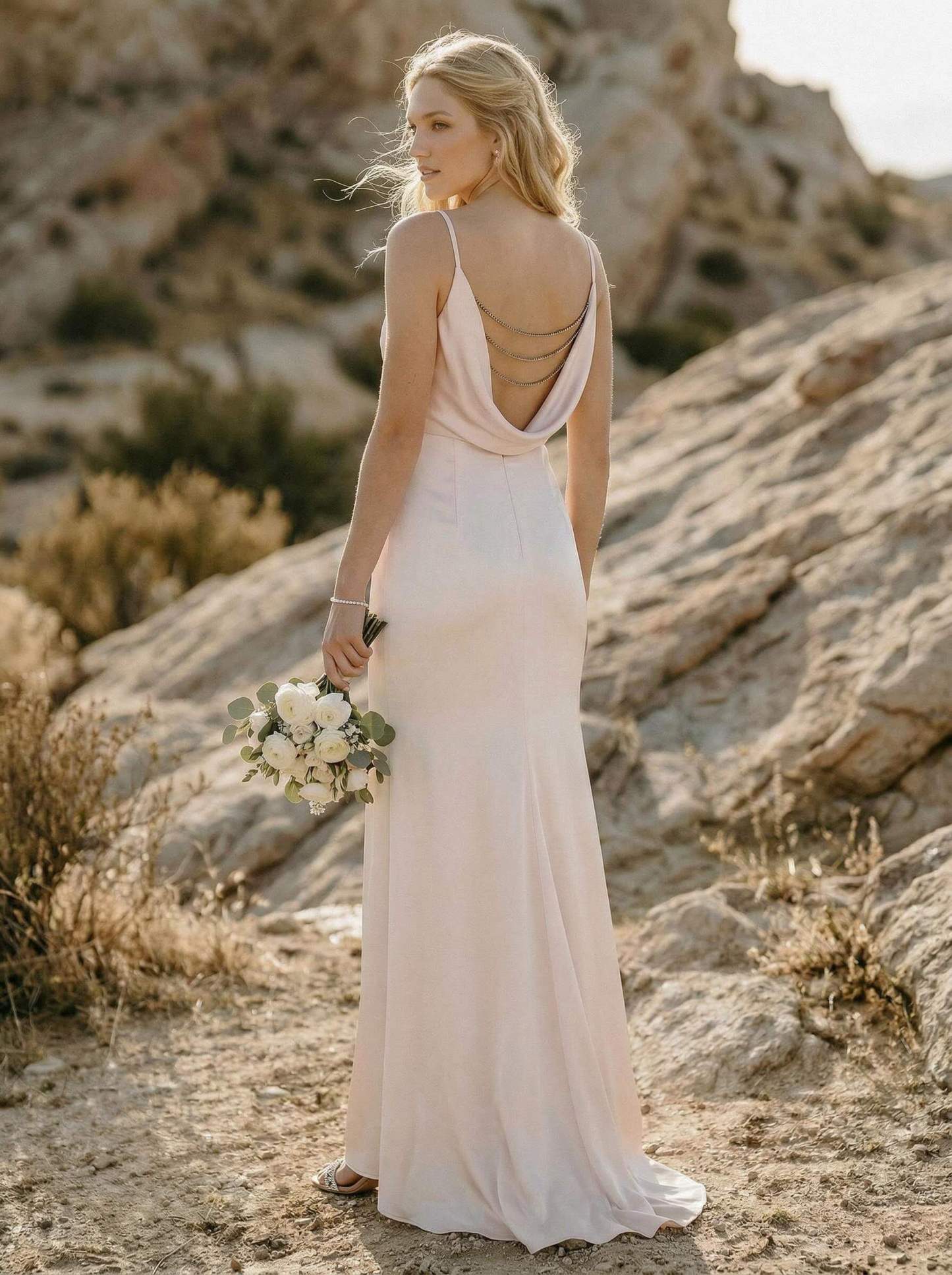 Cowl Neck Sleeveless Sweep Train Silk Like Satin Bridesmaid Dresses in As Picture, US2