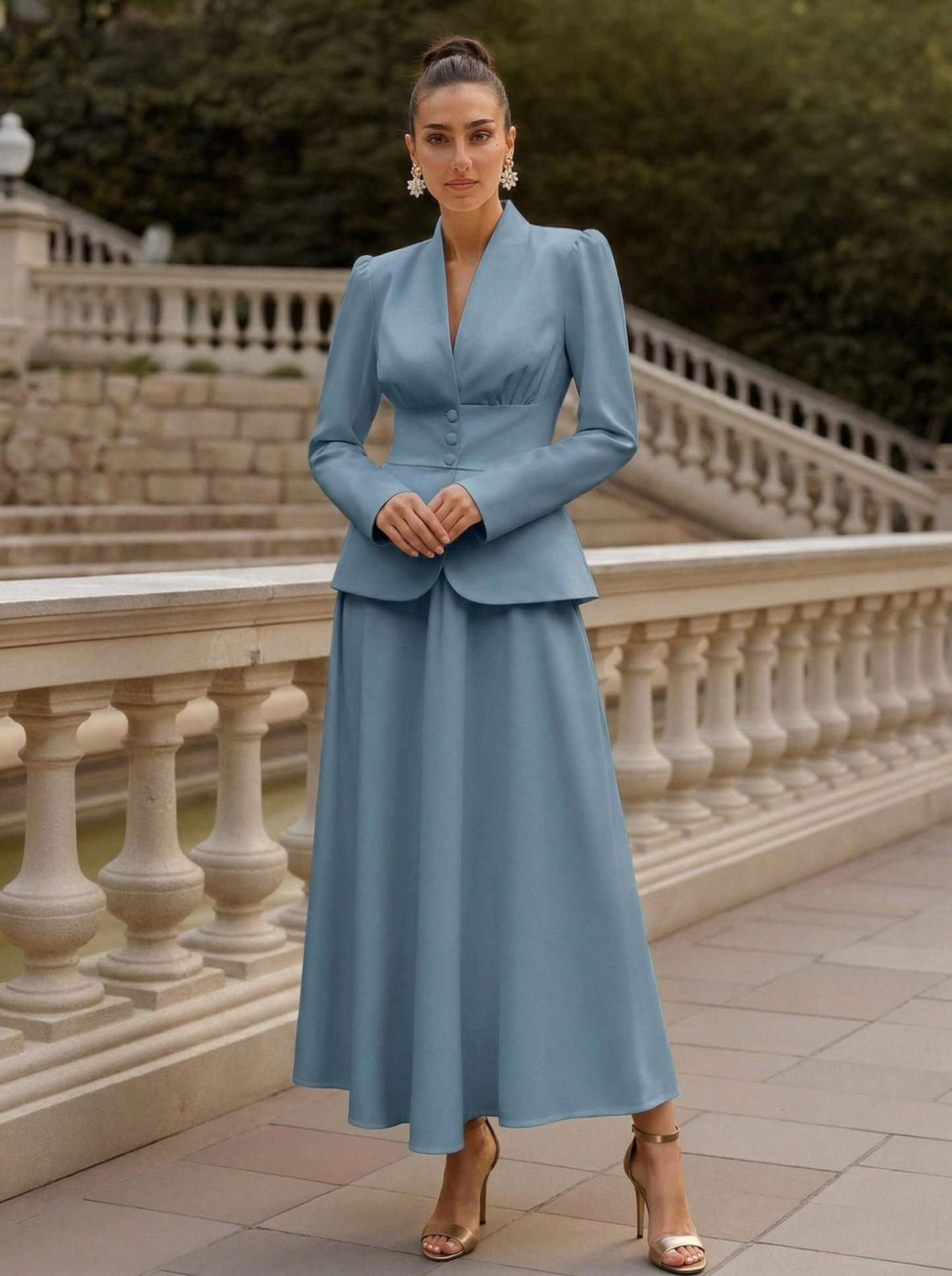 Two Pieces A-Line V-Neck Long Sleeves Ankle-Length Elastic Satin Mother Of The Bride Dresses