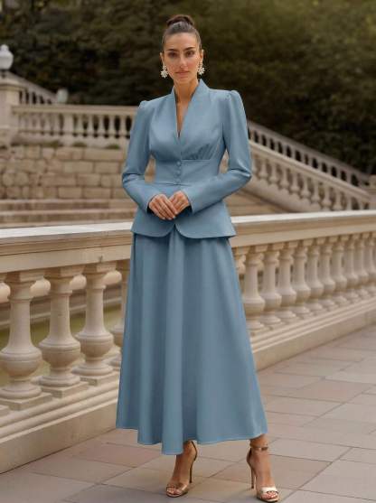 Two Pieces A-Line V-Neck Long Sleeves Ankle-Length Elastic Satin Mother Of The Bride Dresses