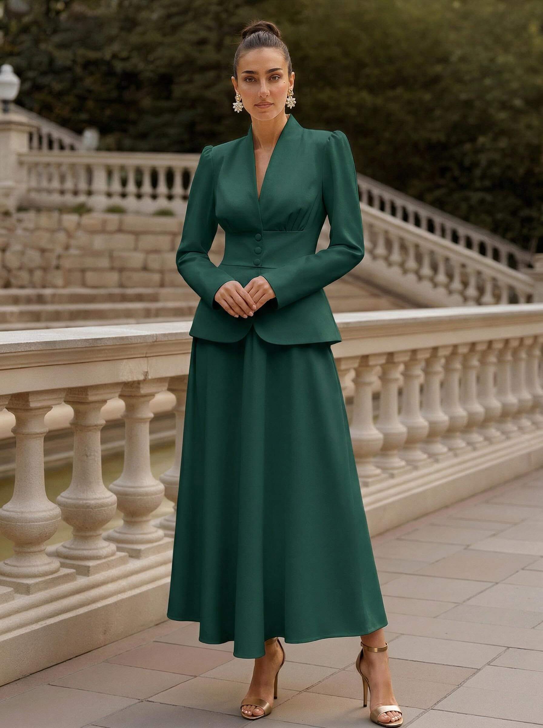 Two Pieces A-Line V-Neck Long Sleeves Ankle-Length Elastic Satin Mother Of The Bride Dresses