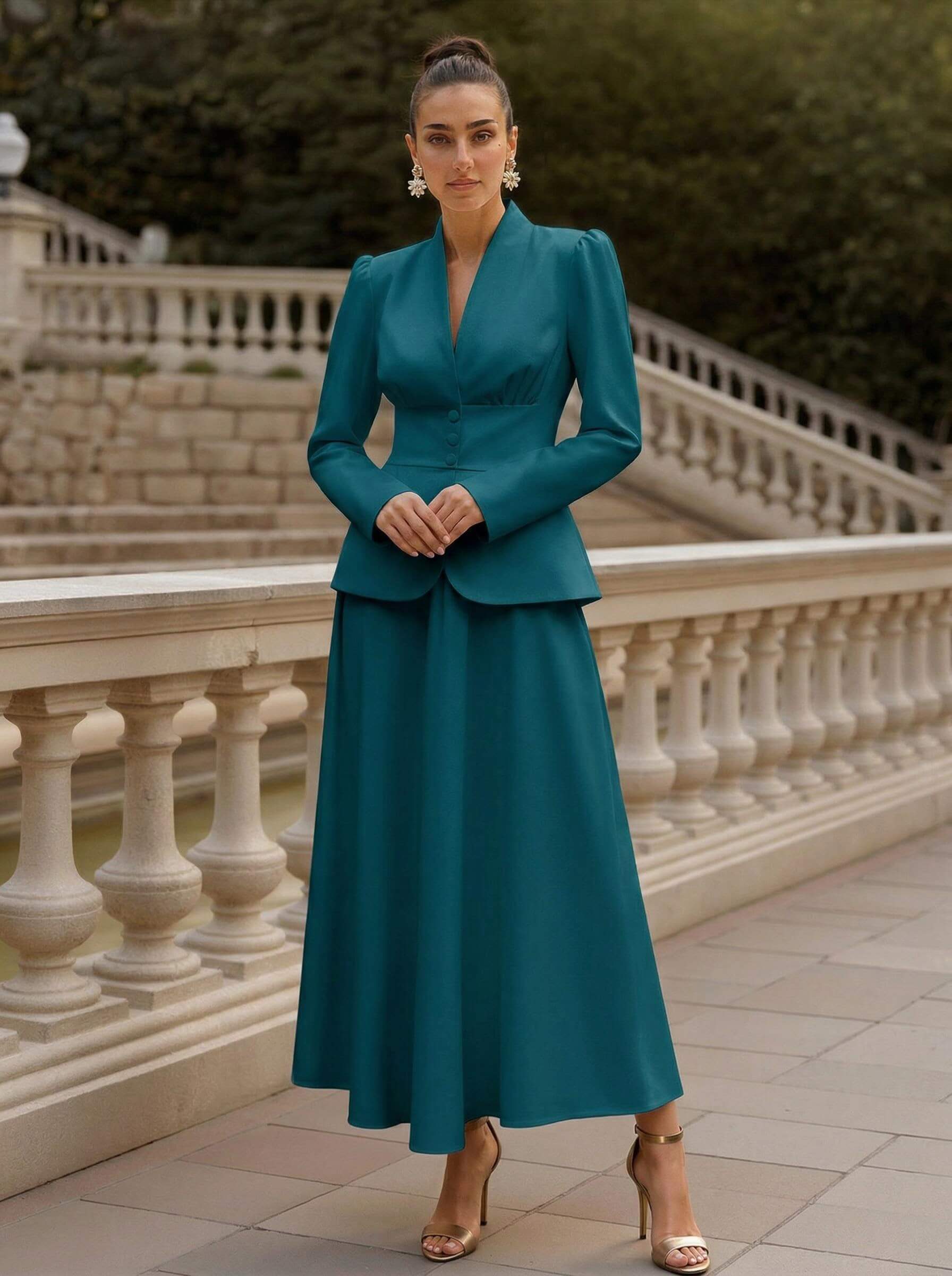 Two Pieces A-Line V-Neck Long Sleeves Ankle-Length Elastic Satin Mother Of The Bride Dresses