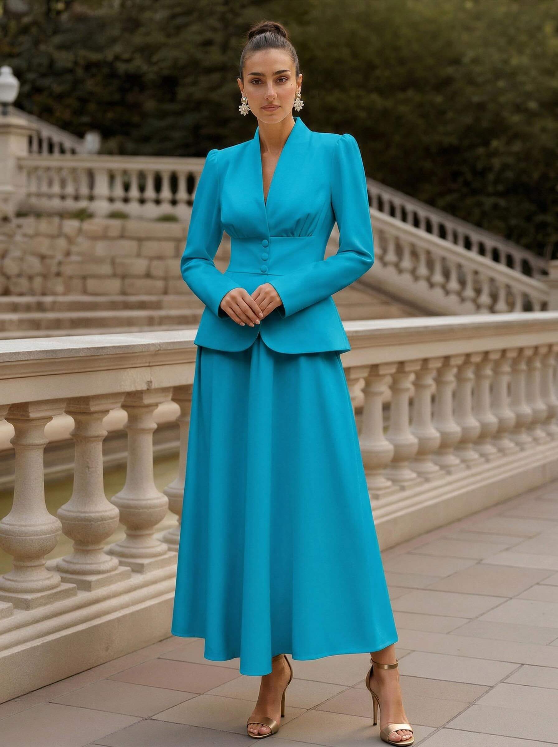 Two Pieces A-Line V-Neck Long Sleeves Ankle-Length Elastic Satin Mother Of The Bride Dresses