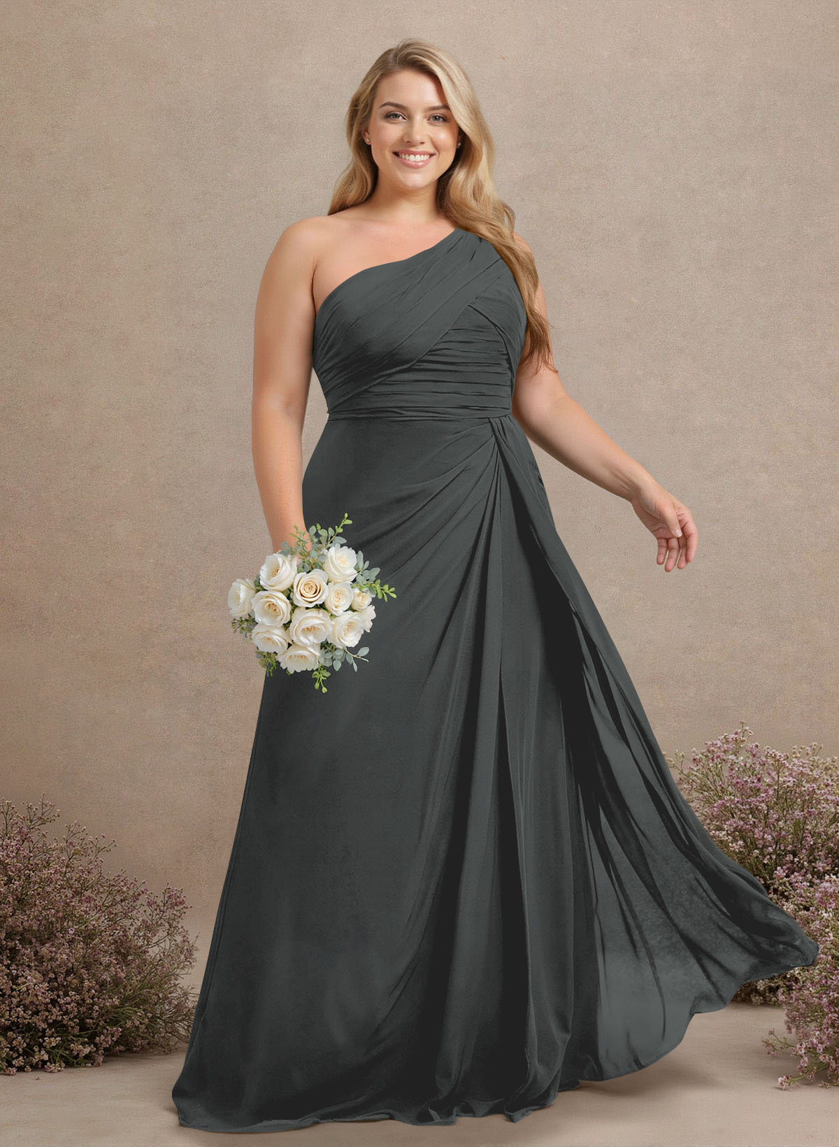 A-Line One-Shoulder Sleeveless Chiffon Bridesmaid Dresses With High Split, product image 319