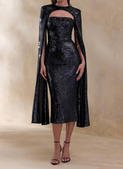Elegant Sheath/Column Strapless Cape Sleeves Tea-Length Evening Dresses With Sequins in As Picture, US2
