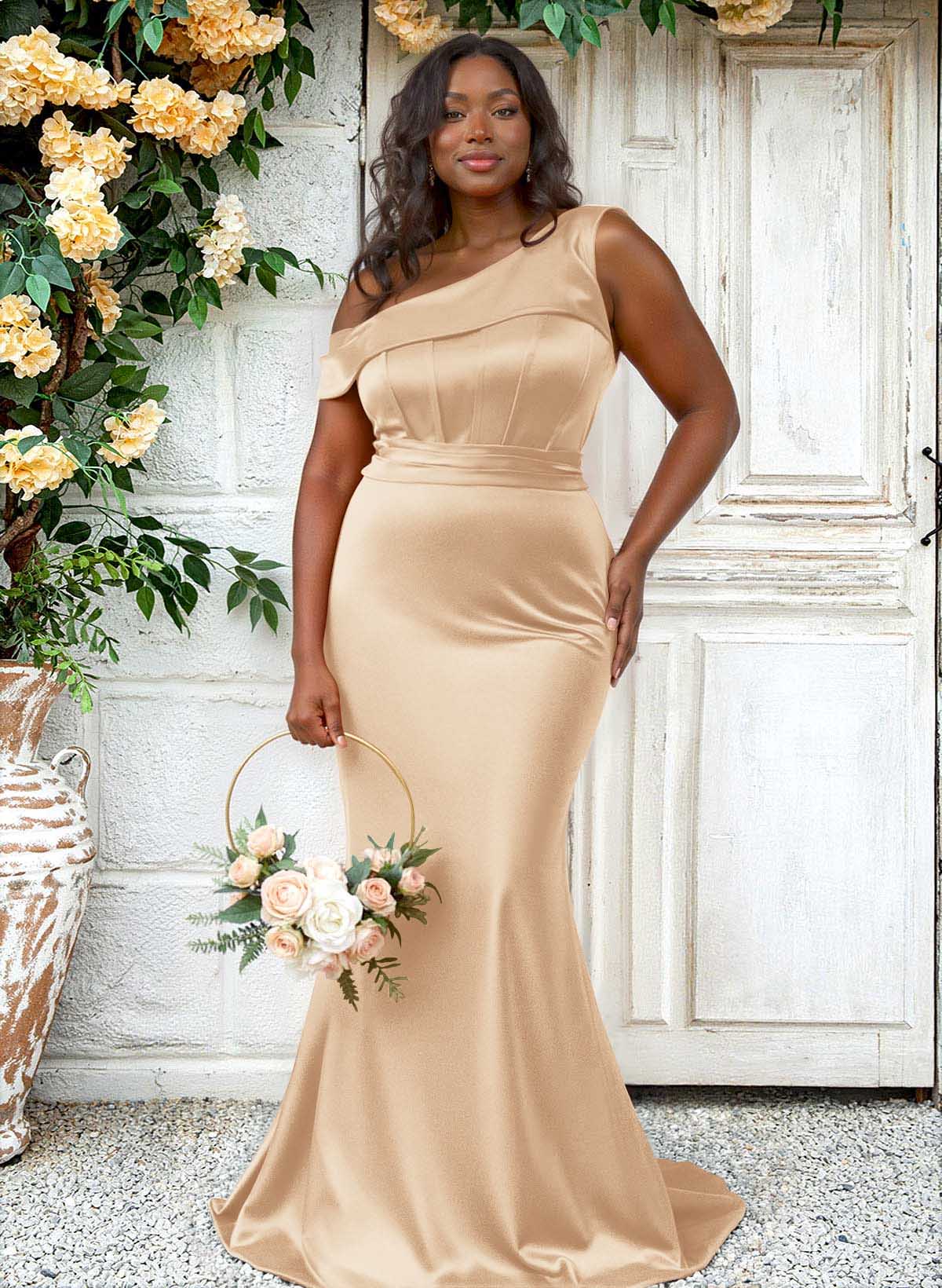 Trumpet/Mermaid Asymmetrical Sweep Train Charmeuse Bridesmaid Dresses, product image 81