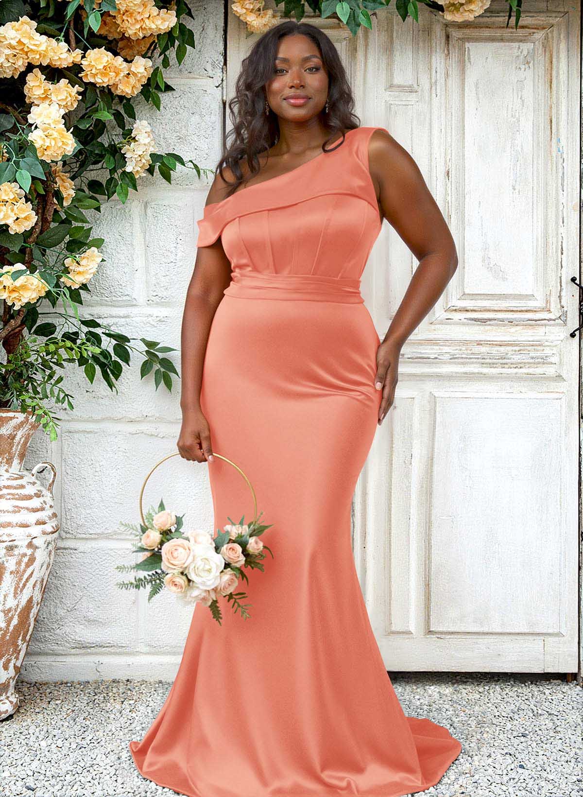 Trumpet/Mermaid Asymmetrical Sweep Train Charmeuse Bridesmaid Dresses, product image 127
