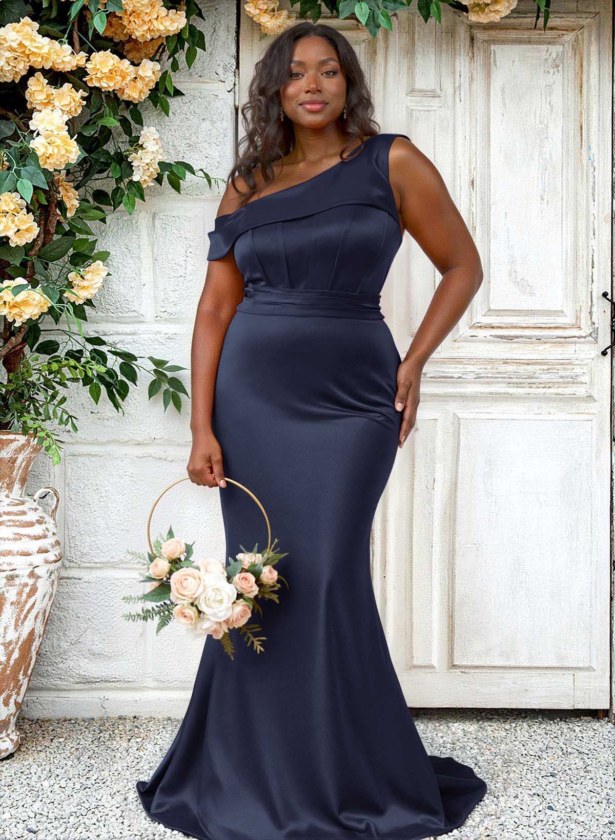 Trumpet/Mermaid Asymmetrical Sweep Train Charmeuse Bridesmaid Dresses, product image 85