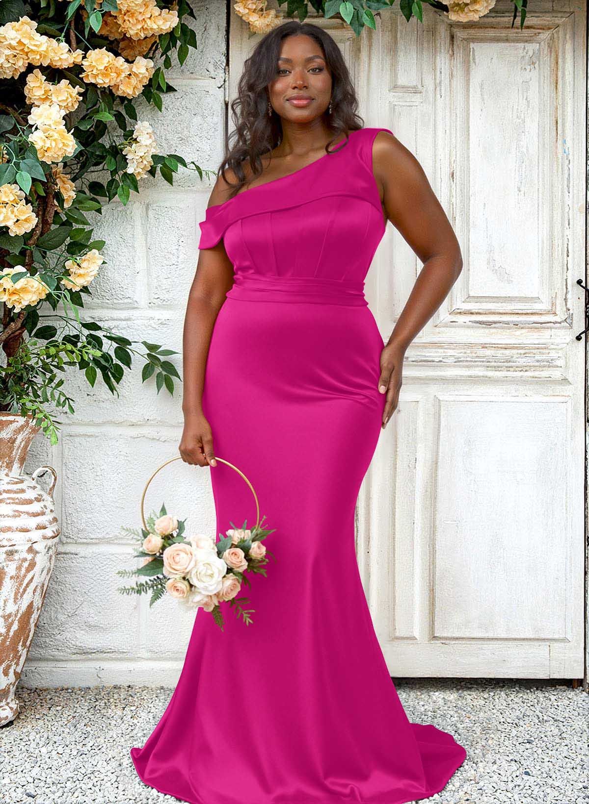 Trumpet/Mermaid Asymmetrical Sweep Train Charmeuse Bridesmaid Dresses, product image 91