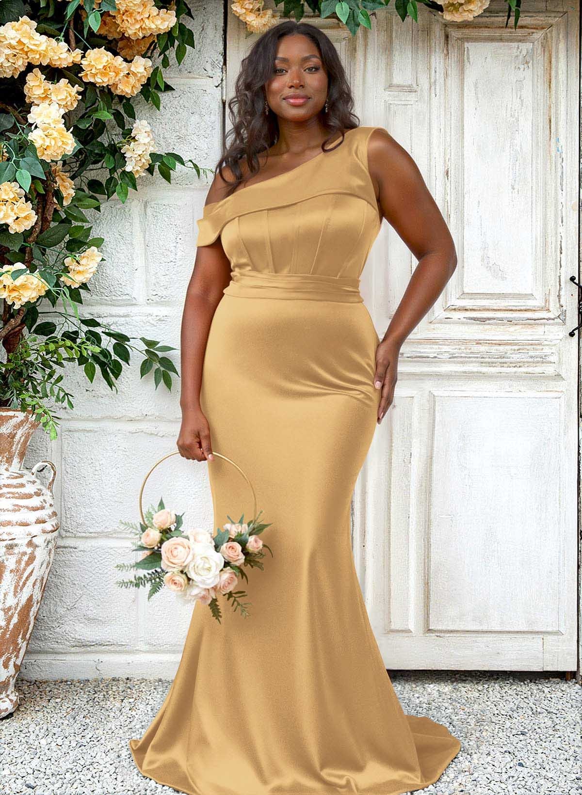 Trumpet/Mermaid Asymmetrical Sweep Train Charmeuse Bridesmaid Dresses, product image 89