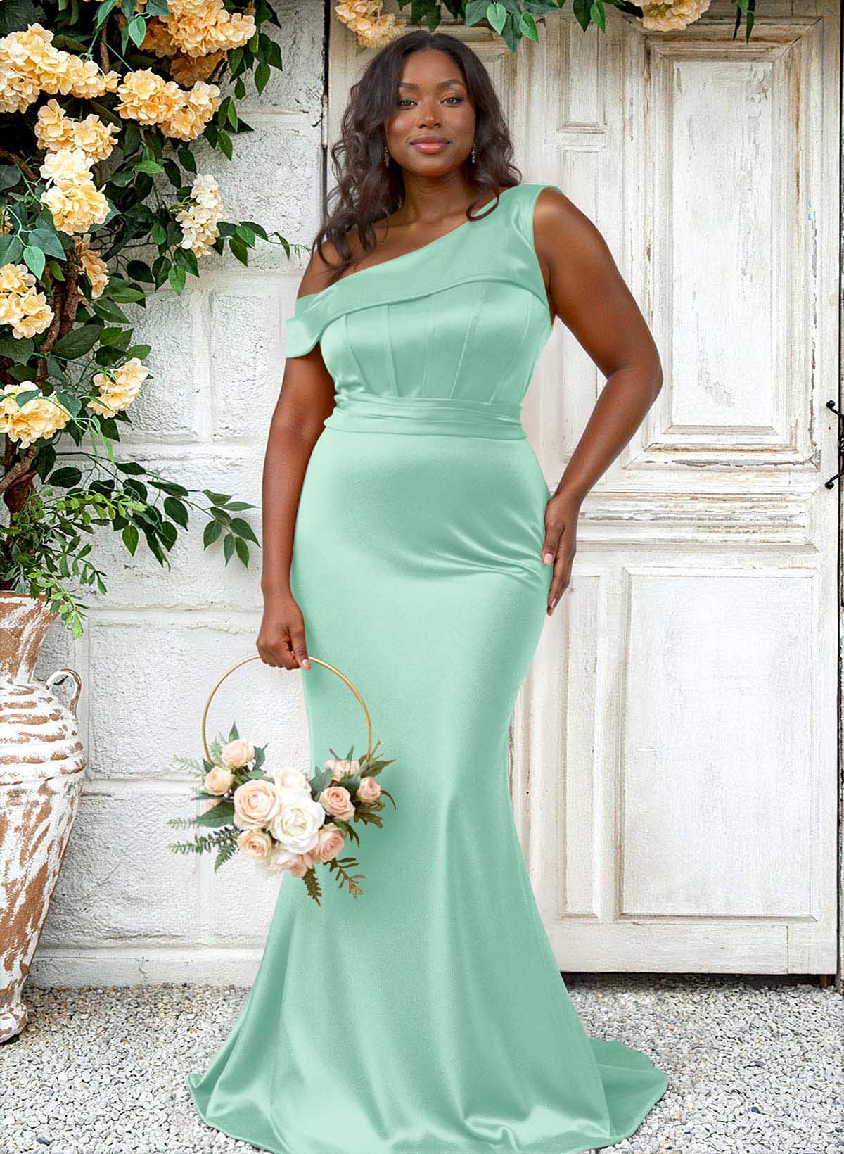 Trumpet/Mermaid Asymmetrical Sweep Train Charmeuse Bridesmaid Dresses, product image 99