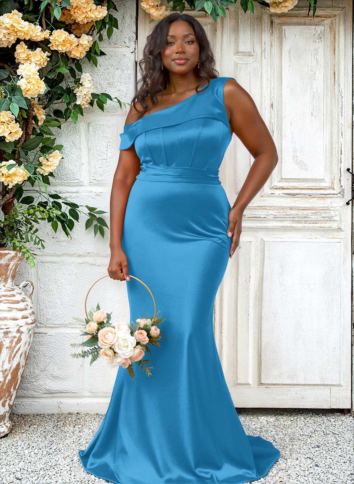 Trumpet/Mermaid Asymmetrical Sweep Train Charmeuse Bridesmaid Dresses, product image 137