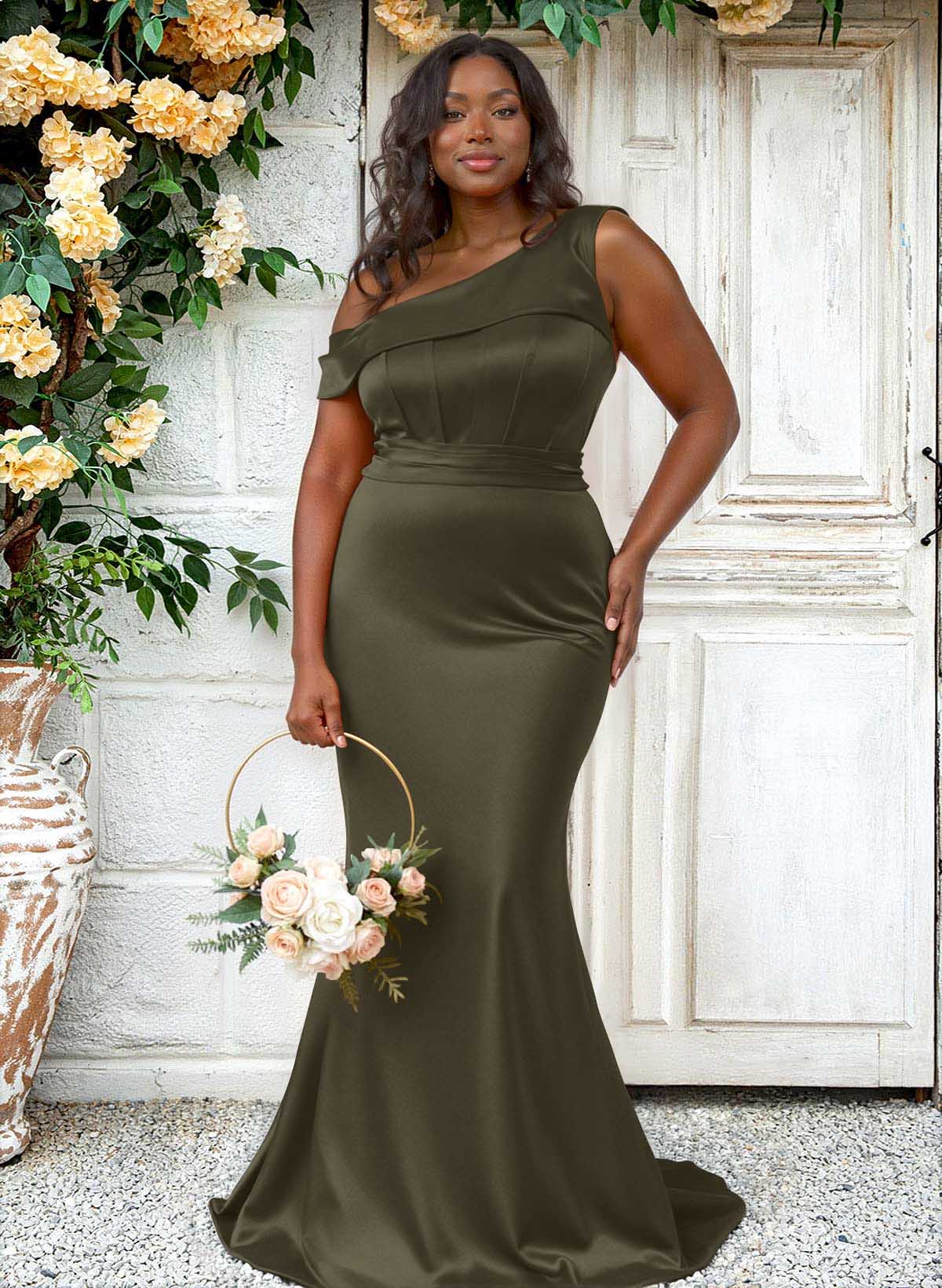 Trumpet/Mermaid Asymmetrical Sweep Train Charmeuse Bridesmaid Dresses, product image 145