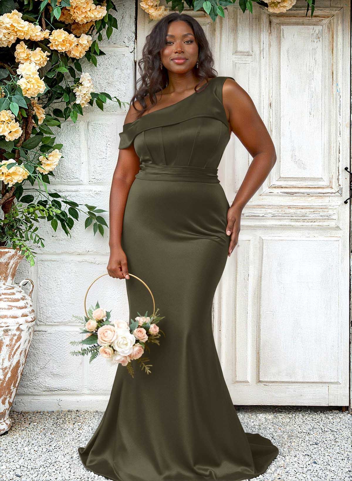 Trumpet/Mermaid Asymmetrical Sweep Train Charmeuse Bridesmaid Dresses, product image 145