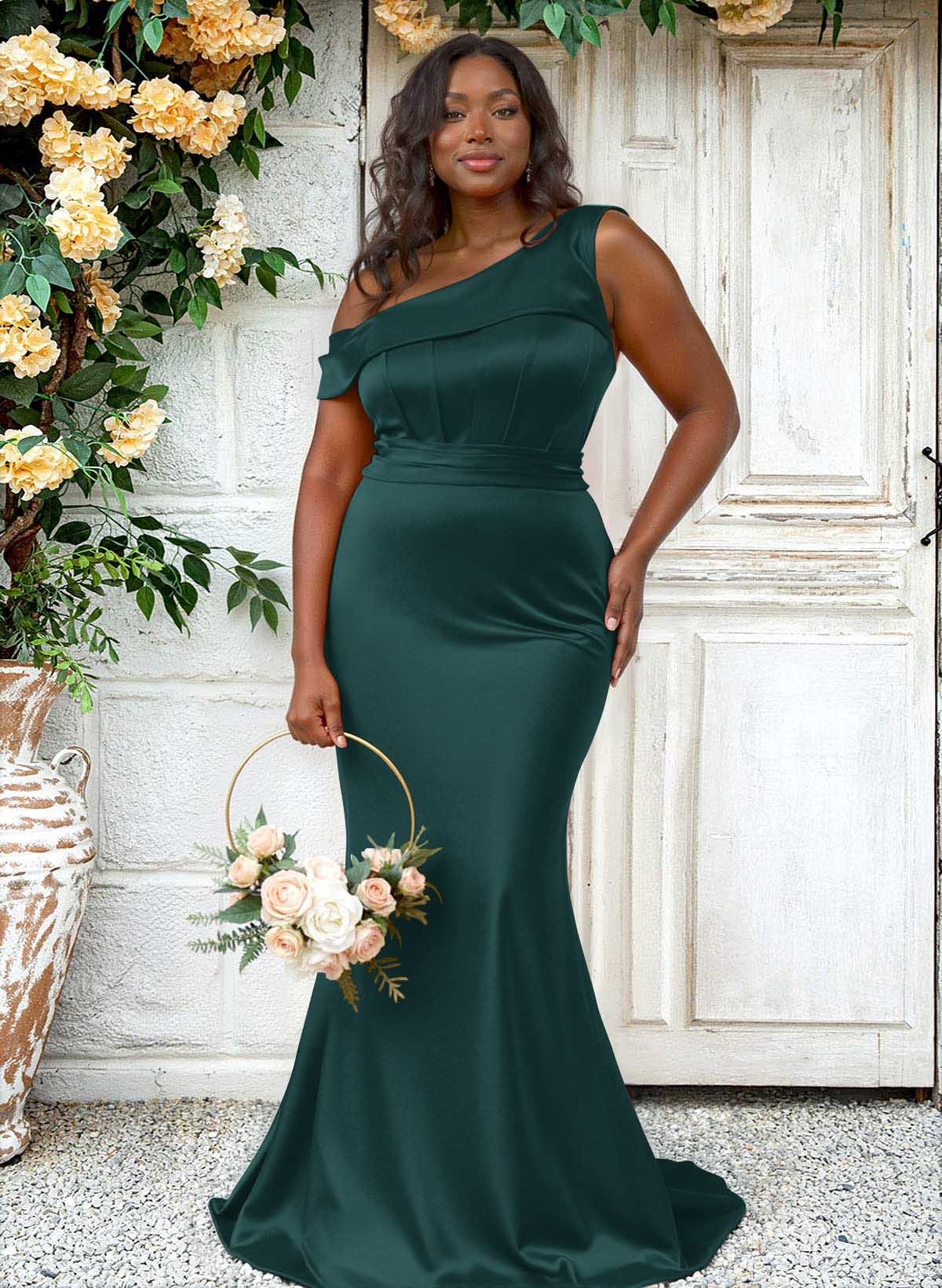 Trumpet/Mermaid Asymmetrical Sweep Train Charmeuse Bridesmaid Dresses, product image 125