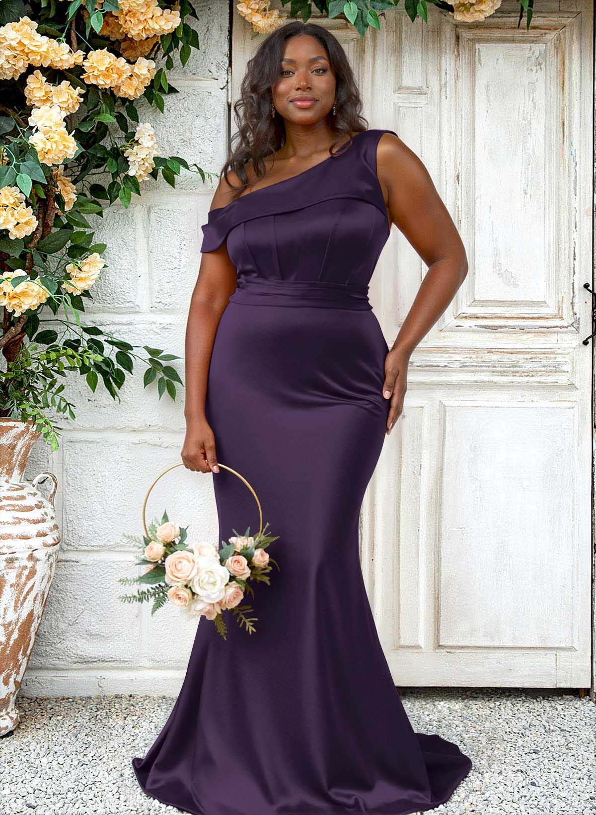Trumpet/Mermaid Asymmetrical Sweep Train Charmeuse Bridesmaid Dresses, product image 129