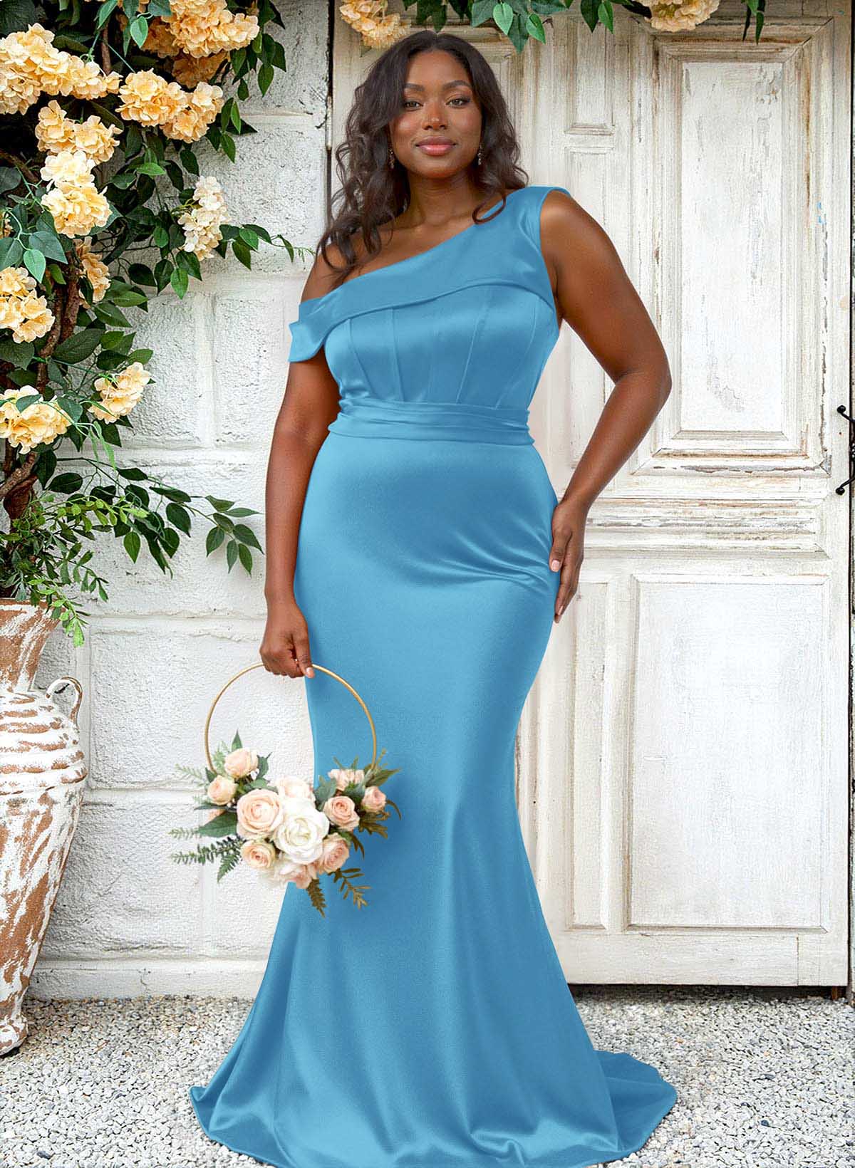 Trumpet/Mermaid Asymmetrical Sweep Train Charmeuse Bridesmaid Dresses, product image 135