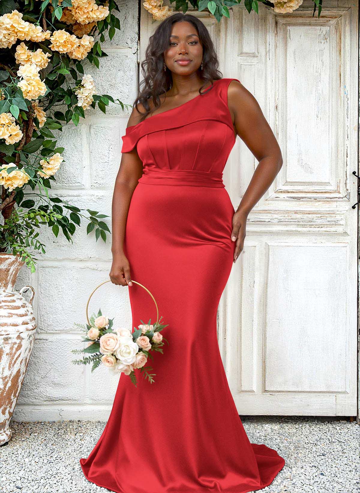 Trumpet/Mermaid Asymmetrical Sweep Train Charmeuse Bridesmaid Dresses, product image 105