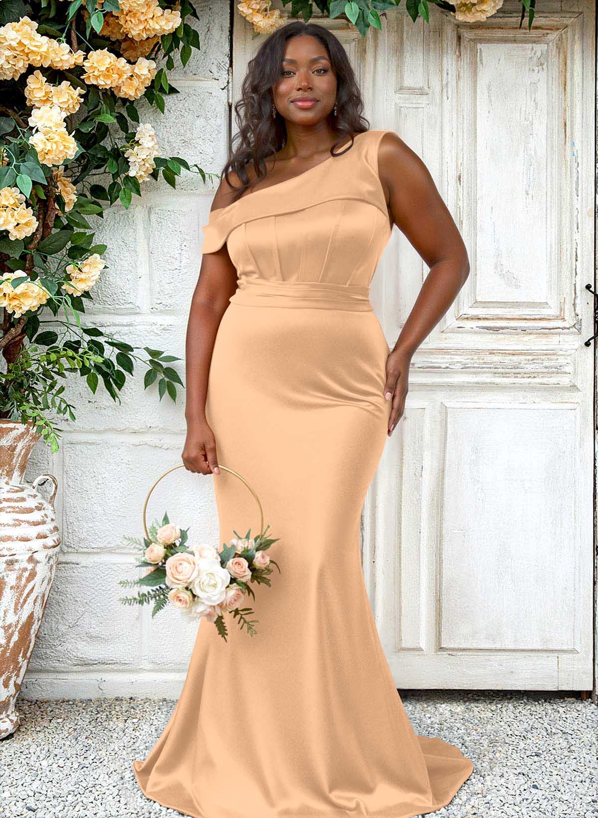 Trumpet/Mermaid Asymmetrical Sweep Train Charmeuse Bridesmaid Dresses, product image 147