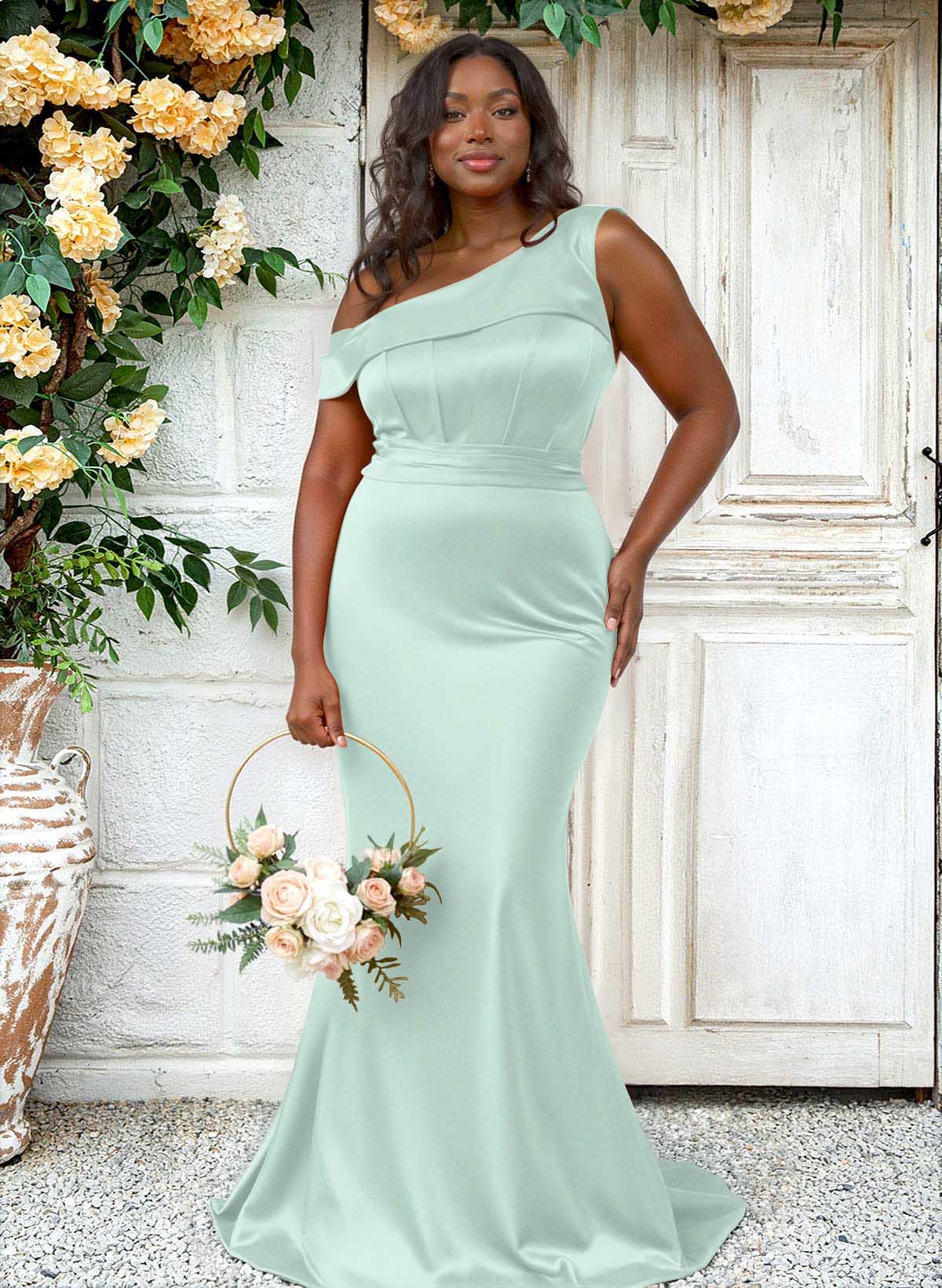 Trumpet/Mermaid Asymmetrical Sweep Train Charmeuse Bridesmaid Dresses, product image 141