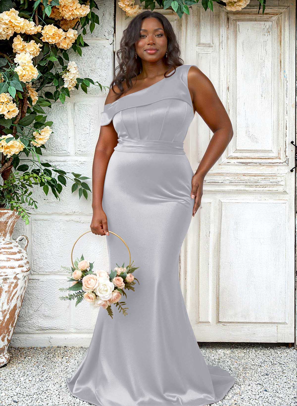 Trumpet/Mermaid Asymmetrical Sweep Train Charmeuse Bridesmaid Dresses, product image 109