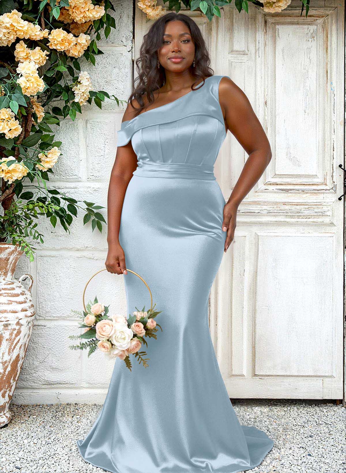 Trumpet/Mermaid Asymmetrical Sweep Train Charmeuse Bridesmaid Dresses, product image 117