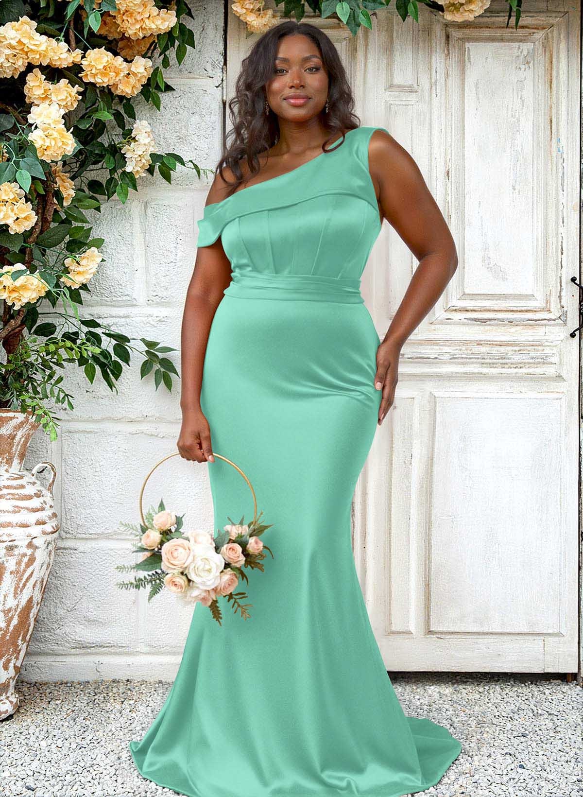 Trumpet/Mermaid Asymmetrical Sweep Train Charmeuse Bridesmaid Dresses, product image 133