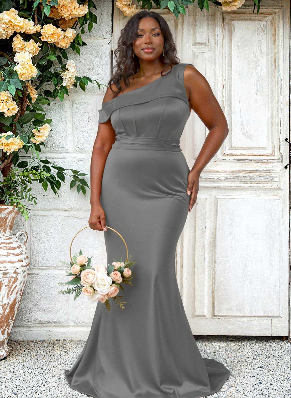 Trumpet/Mermaid Asymmetrical Sweep Train Charmeuse Bridesmaid Dresses, product image 123