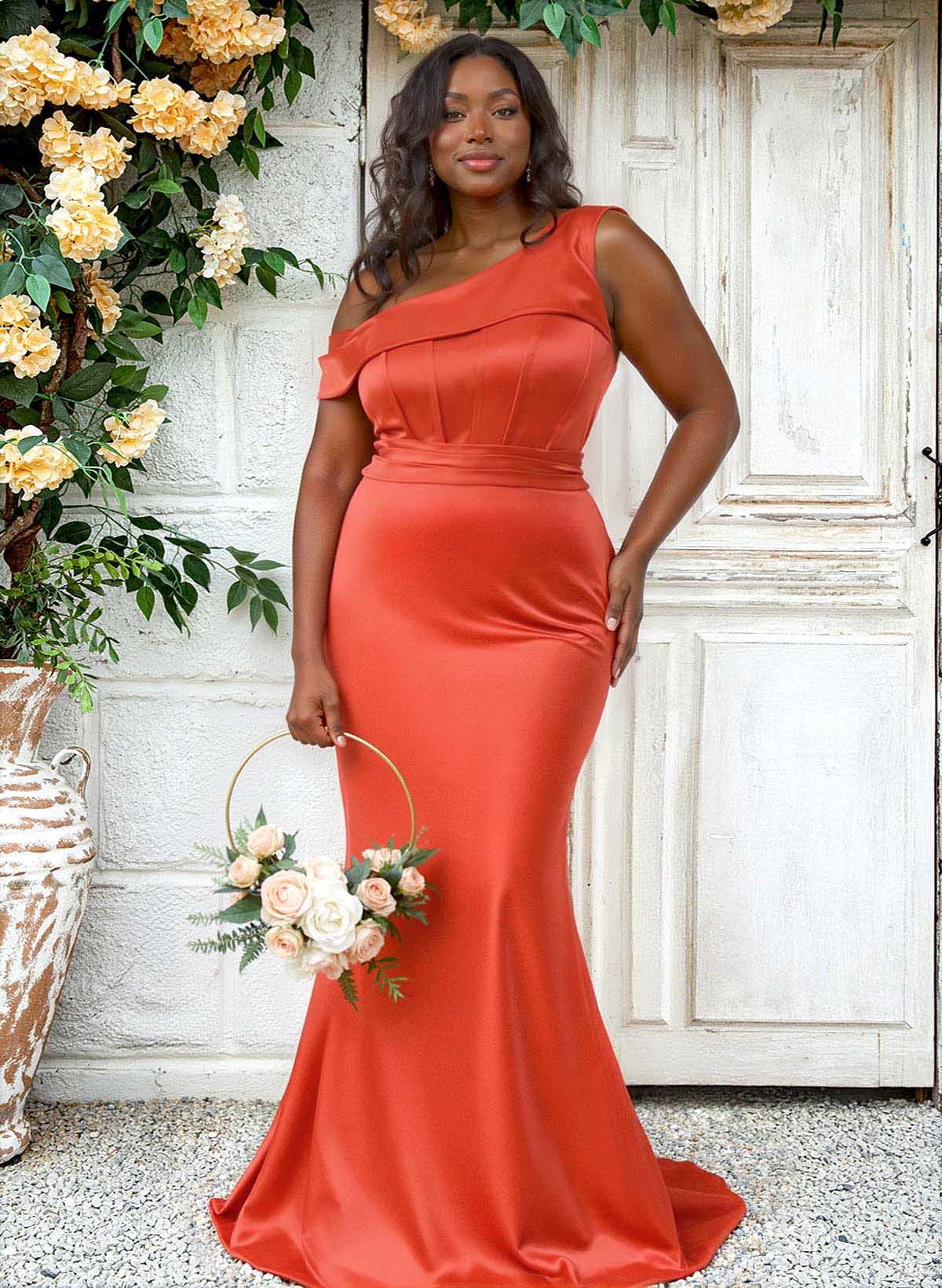 Trumpet/Mermaid Asymmetrical Sweep Train Charmeuse Bridesmaid Dresses, product image 75