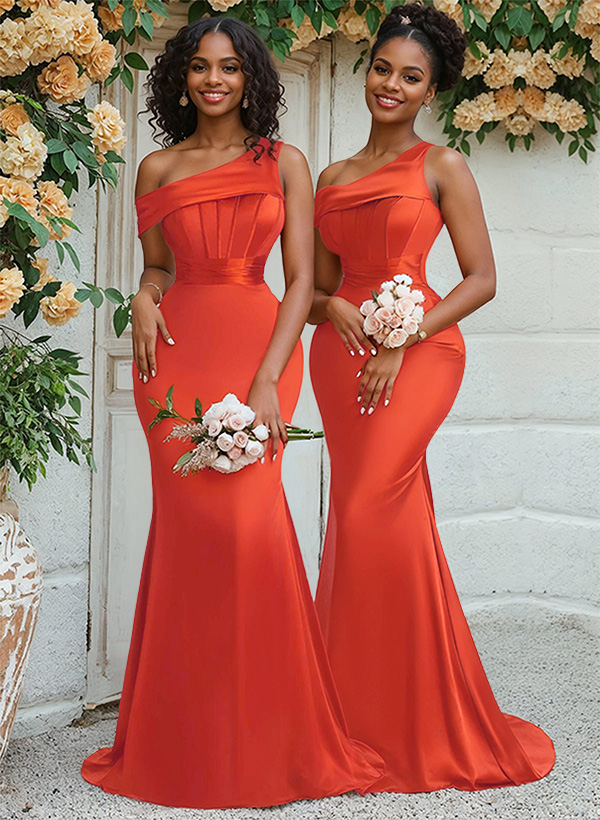 Trumpet/Mermaid Asymmetrical Sweep Train Charmeuse Bridesmaid Dresses in Burnt Orange, US2