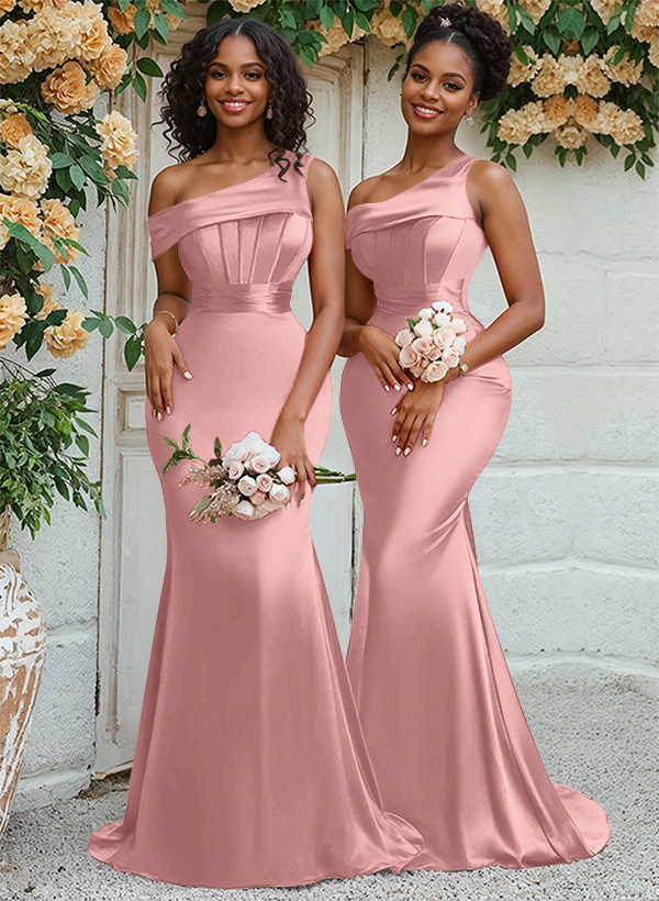 Trumpet/Mermaid Asymmetrical Sweep Train Charmeuse Bridesmaid Dresses, product image 39
