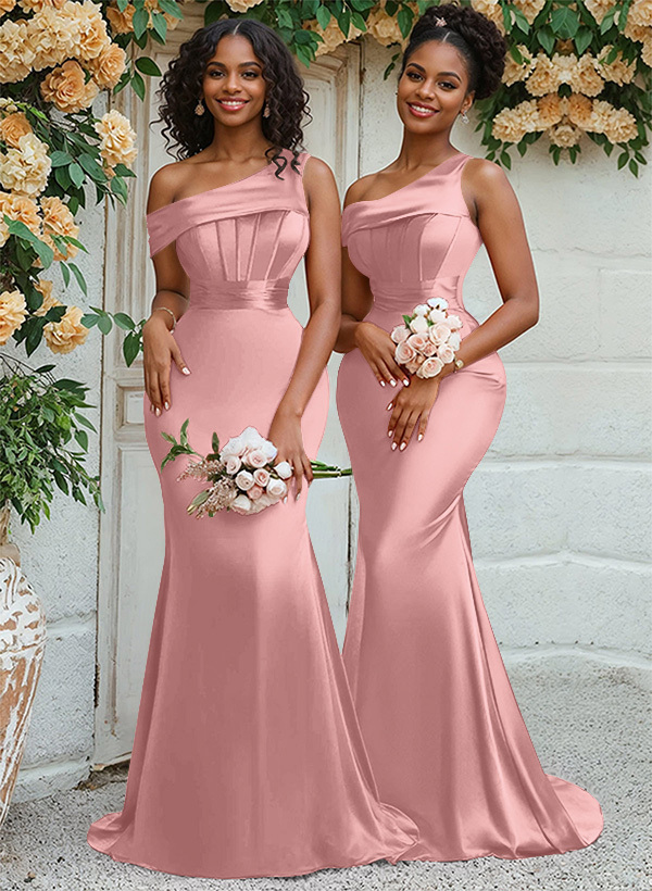 Trumpet/Mermaid Asymmetrical Sweep Train Charmeuse Bridesmaid Dresses, product image 39